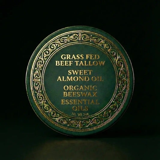 Top-down view of heavy-duty beef tallow skin balm tin with organic beeswax and sweet almond oil