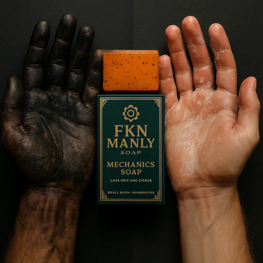 Mechanic hands with one hand covered in black grease and the other hand is clean after washing with Fkn Manly Mechanic scrub Tallow soap for men.