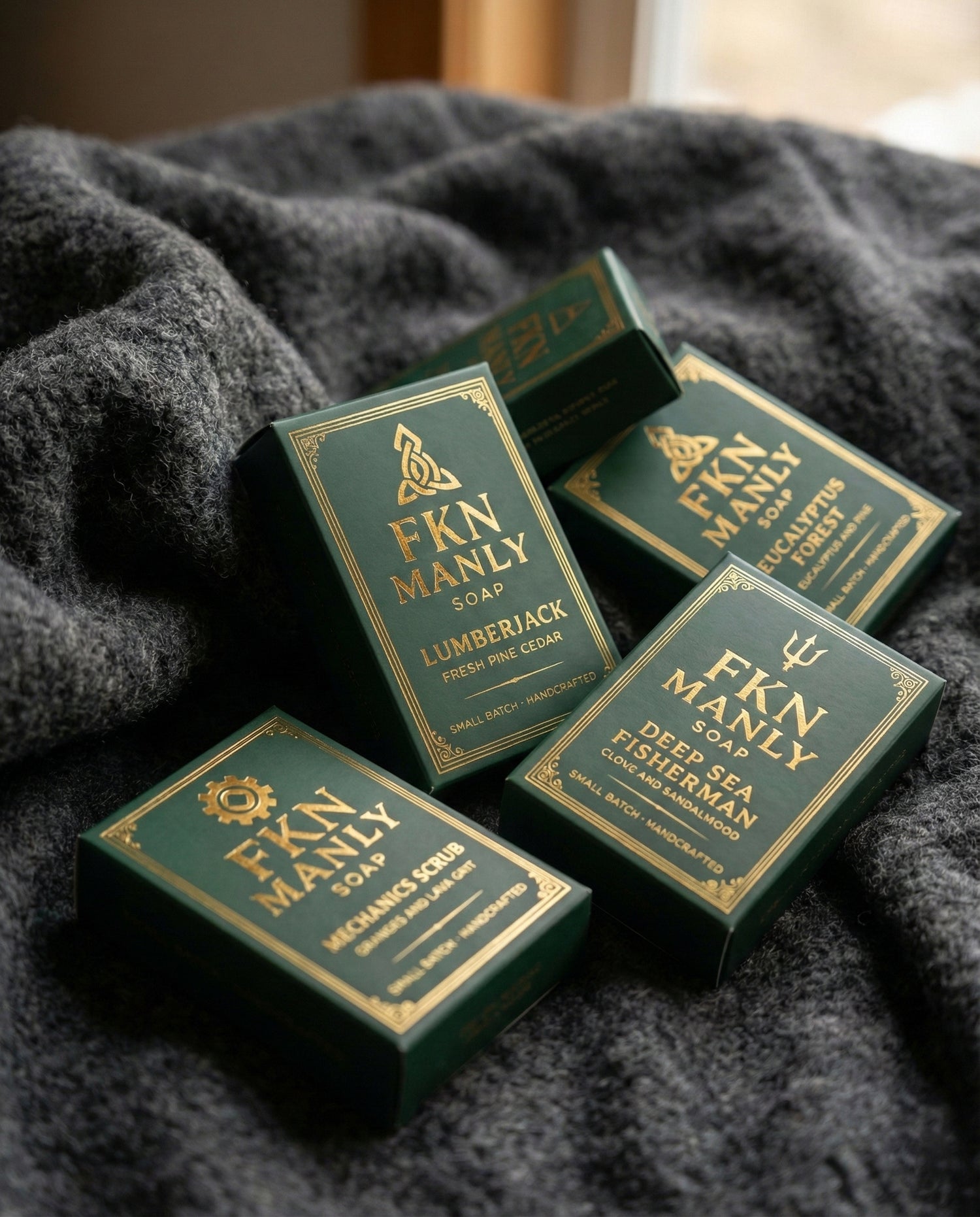 FKN Manly grass fed tallow soap packaging on a textured surface