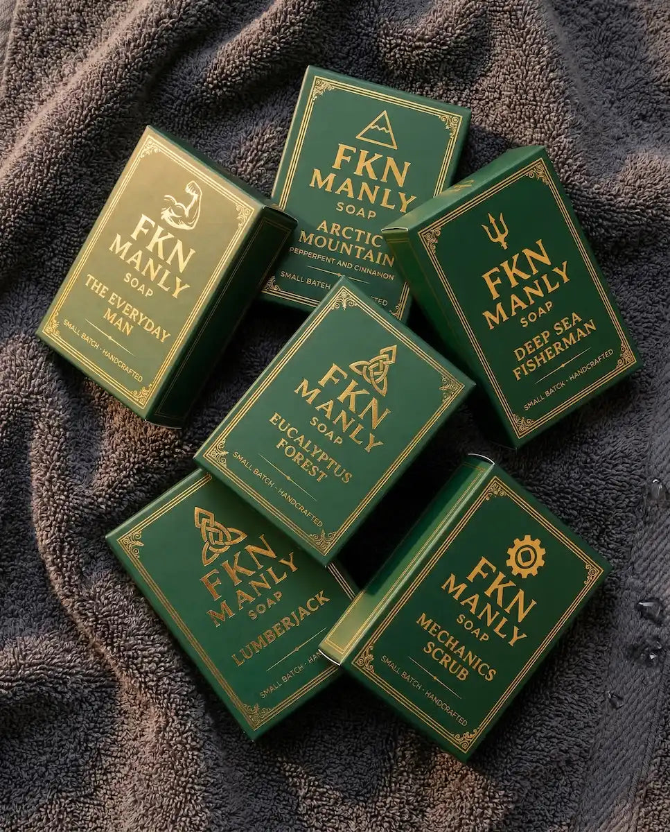 Green boxes of FKN MANLY soap on a Soft Bathroom Towel.  Grass Fed Tallow Soap for Men.