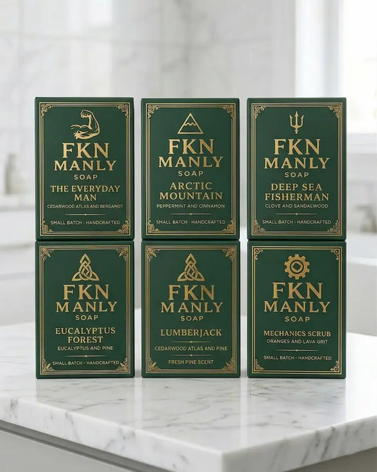Six boxes of FKN Manly soap on a marble surface.  Tallow Soap For Men.