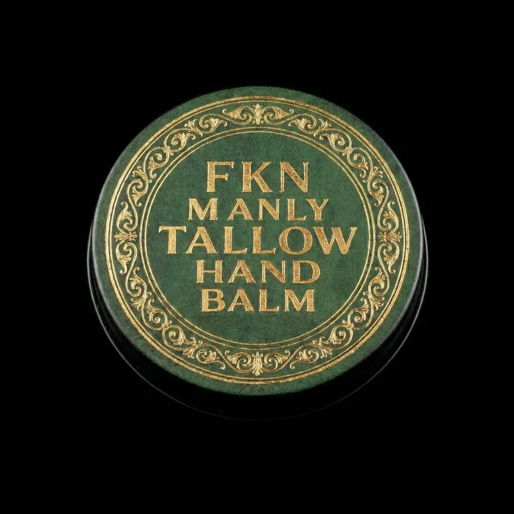 Top-down view of grass fed beef tallow skin balm for men in a metal tin made with organic ingredients