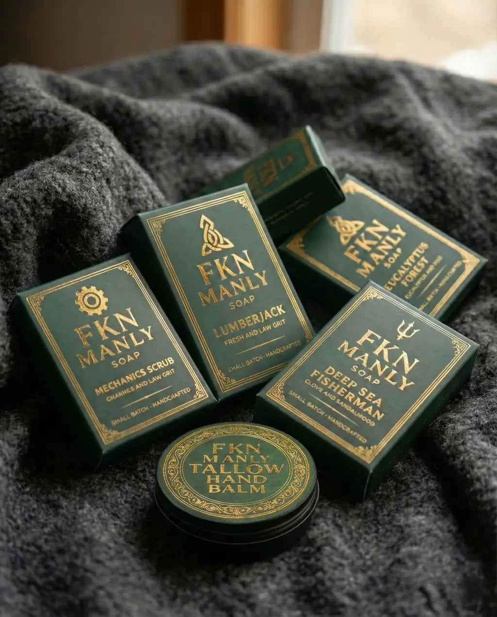 Fkn Manly heavy-duty tallow balm paired with the 5-Bar Arsenal natural soap bundle.