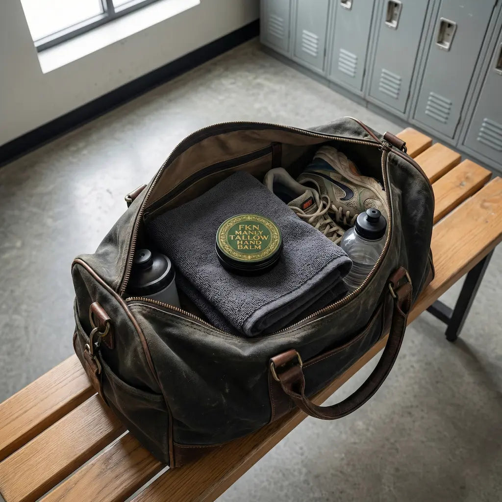 Tin of chemical-free beef tallow balm packed in a men's gym bag for post-workout skin hydration.