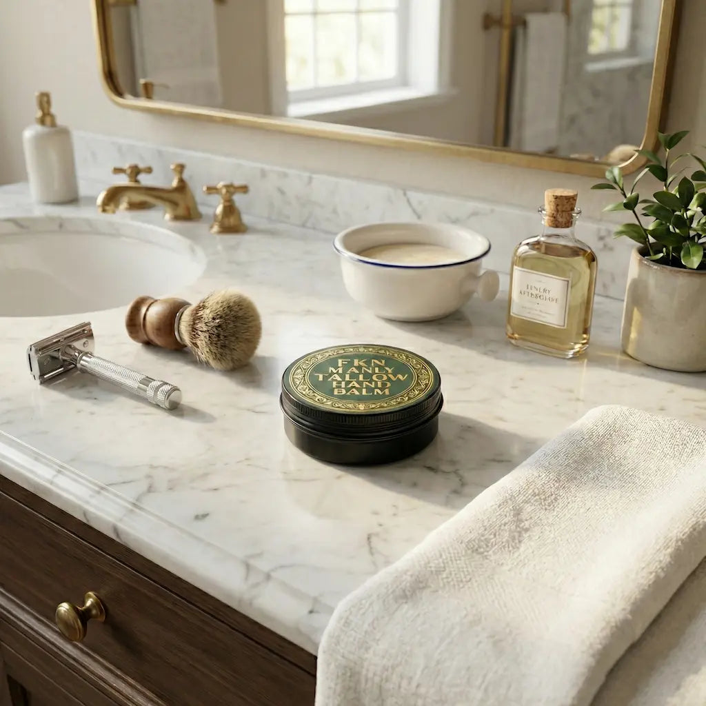 Men's premium grass-fed tallow balm sitting on a modern bathroom counter.