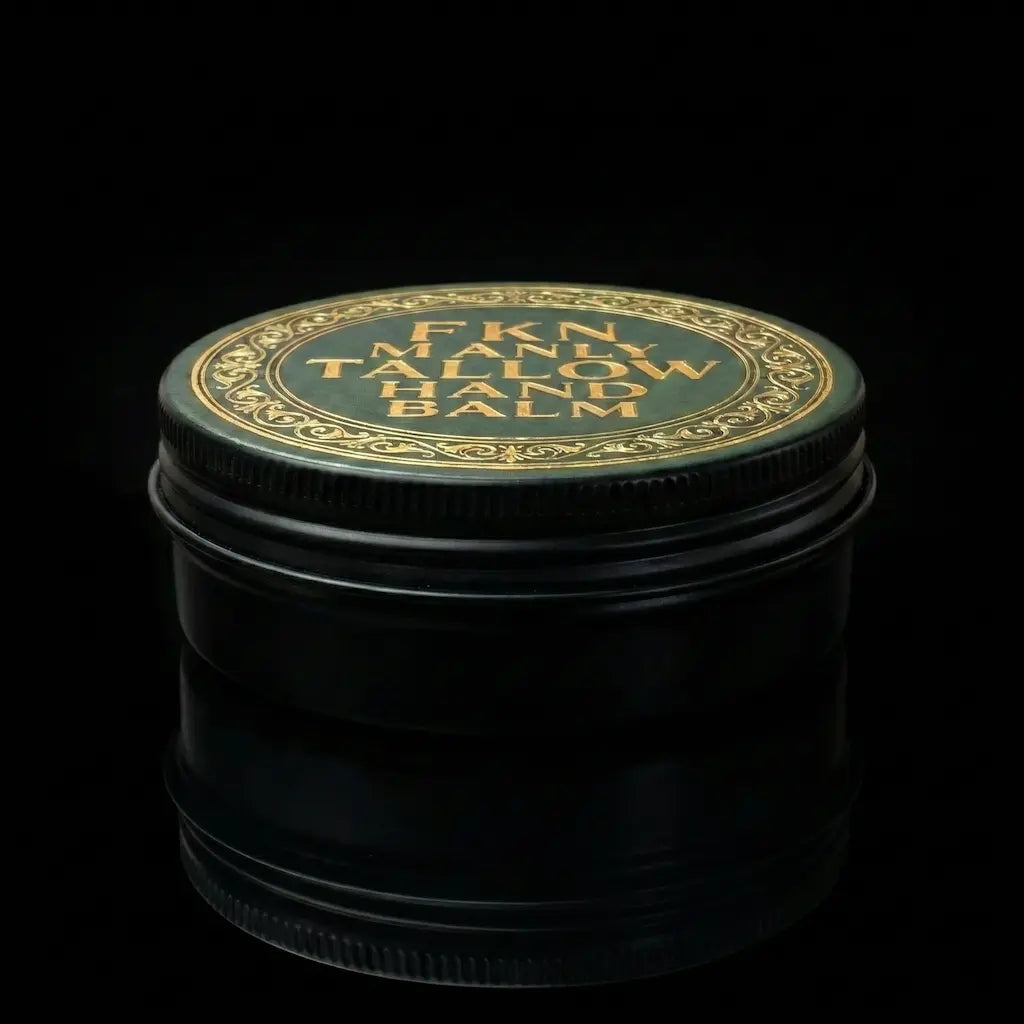 Metal Tin filled with all natural tallow skin moisturizer for men