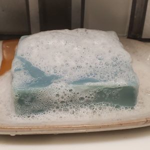 Fkn Manly Deep Sea Fisherman Soap In A Soap Dish Covered In Suds